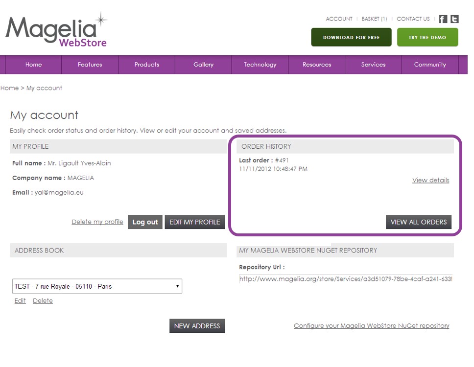 Magelia WebStore My account screen