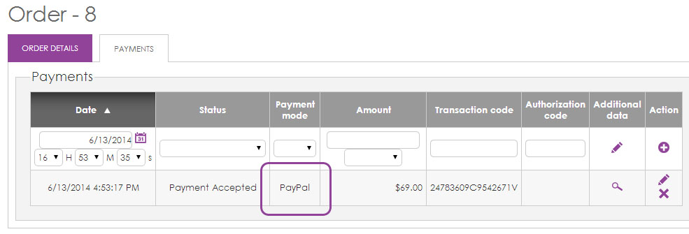 PayPal Payment mode associated with order